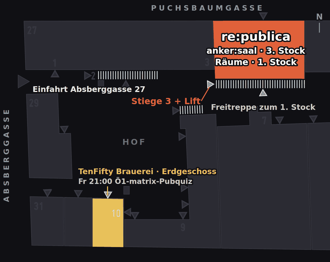 Gelände der Brotfabrik: re:publica-Gebäude an der Puchsbaumgasse, Stiege 3, Freitreppe, TenFifty Brauerei bei Stiege 10